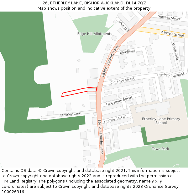 26, ETHERLEY LANE, BISHOP AUCKLAND, DL14 7QZ: Location map and indicative extent of plot