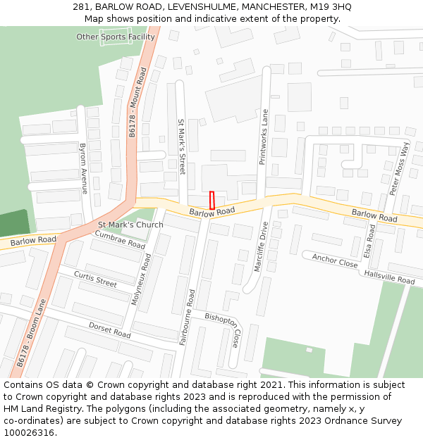 281, BARLOW ROAD, LEVENSHULME, MANCHESTER, M19 3HQ: Location map and indicative extent of plot