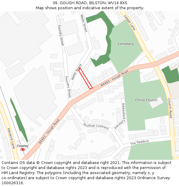 39, GOUGH ROAD, BILSTON, WV14 8XS: Location map and indicative extent of plot