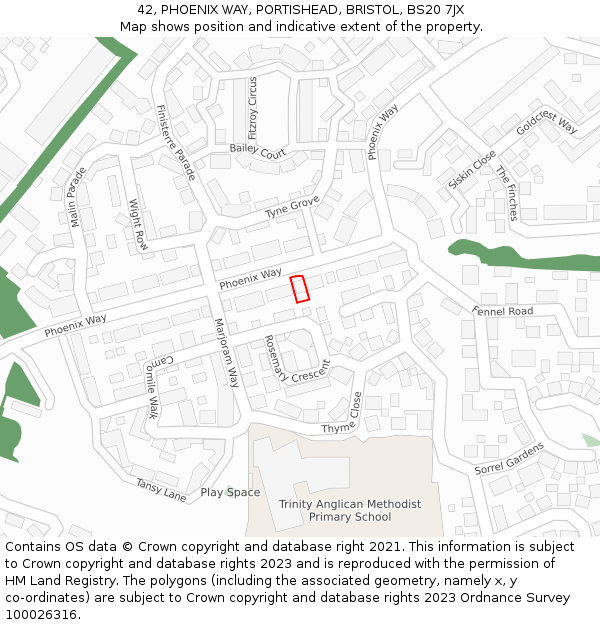 42, PHOENIX WAY, PORTISHEAD, BRISTOL, BS20 7JX: Location map and indicative extent of plot