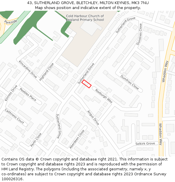 43, SUTHERLAND GROVE, BLETCHLEY, MILTON KEYNES, MK3 7NU: Location map and indicative extent of plot