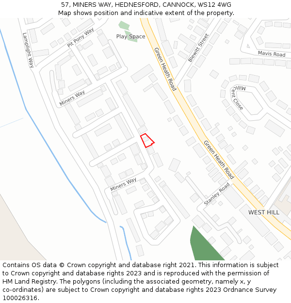 57, MINERS WAY, HEDNESFORD, CANNOCK, WS12 4WG: Location map and indicative extent of plot