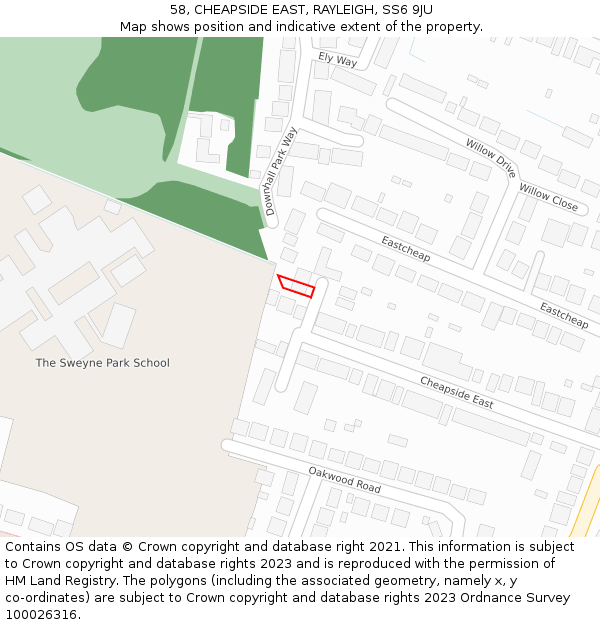 58, CHEAPSIDE EAST, RAYLEIGH, SS6 9JU: Location map and indicative extent of plot