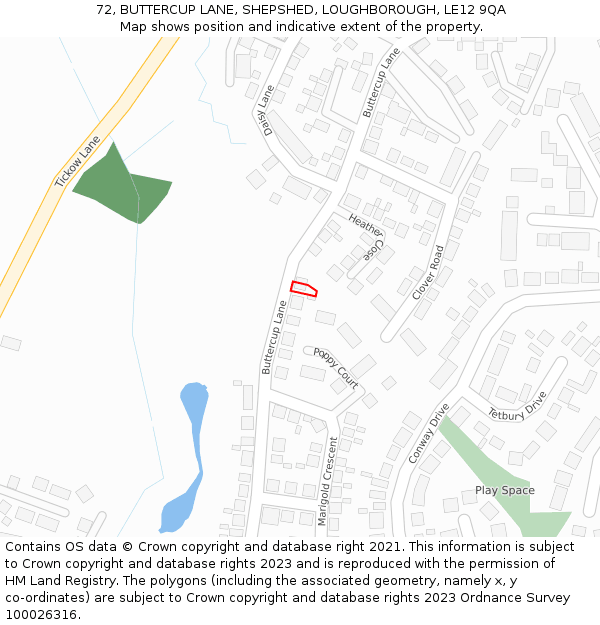 72, BUTTERCUP LANE, SHEPSHED, LOUGHBOROUGH, LE12 9QA: Location map and indicative extent of plot