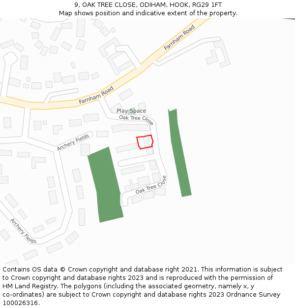 9, OAK TREE CLOSE, ODIHAM, HOOK, RG29 1FT: Location map and indicative extent of plot