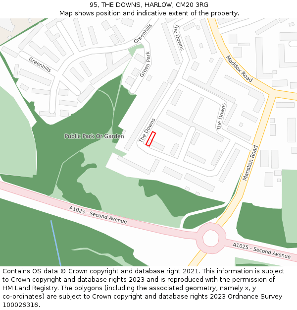 95, THE DOWNS, HARLOW, CM20 3RG: Location map and indicative extent of plot