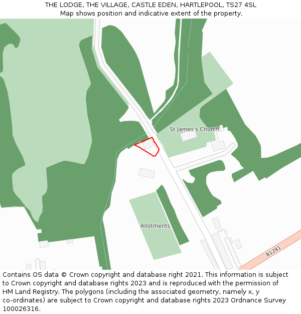 THE LODGE, THE VILLAGE, CASTLE EDEN, HARTLEPOOL, TS27 4SL: Location map and indicative extent of plot