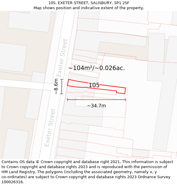 105, EXETER STREET, SALISBURY, SP1 2SF: Plot and title map