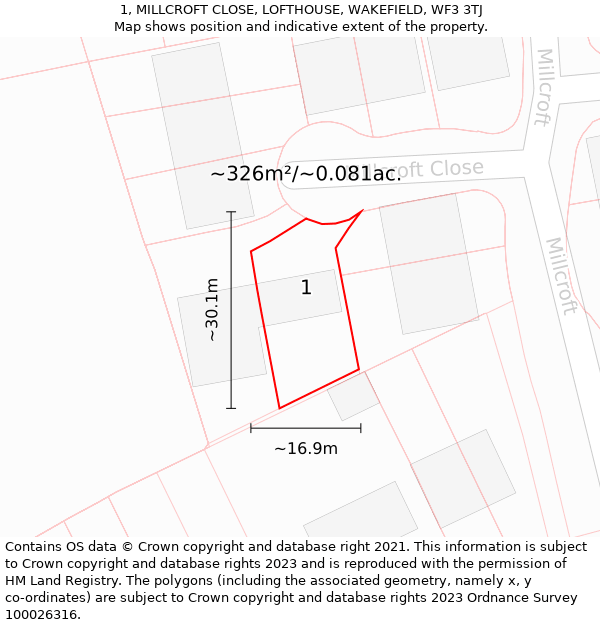 1, MILLCROFT CLOSE, LOFTHOUSE, WAKEFIELD, WF3 3TJ: Plot and title map