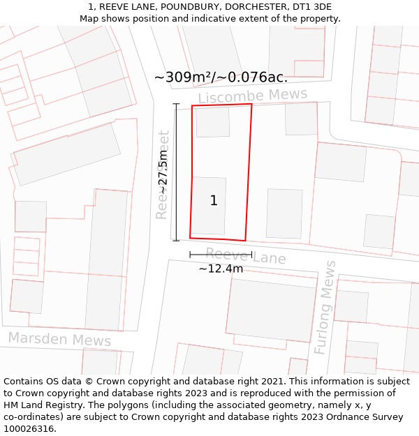 1, REEVE LANE, POUNDBURY, DORCHESTER, DT1 3DE: Plot and title map