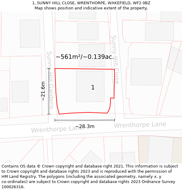 1, SUNNY HILL CLOSE, WRENTHORPE, WAKEFIELD, WF2 0BZ: Plot and title map