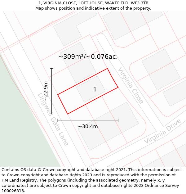 1, VIRGINIA CLOSE, LOFTHOUSE, WAKEFIELD, WF3 3TB: Plot and title map