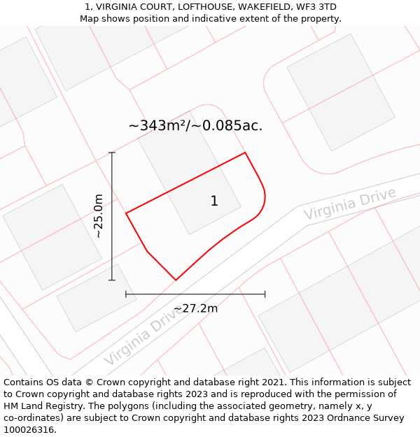 1, VIRGINIA COURT, LOFTHOUSE, WAKEFIELD, WF3 3TD: Plot and title map