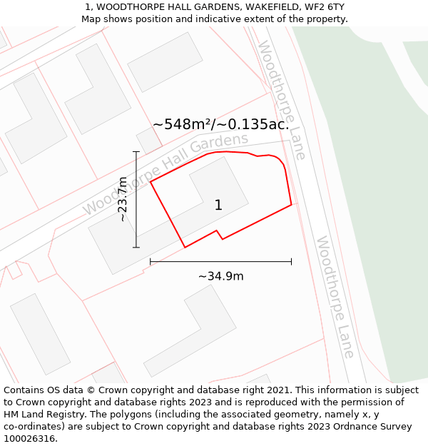 1, WOODTHORPE HALL GARDENS, WAKEFIELD, WF2 6TY: Plot and title map