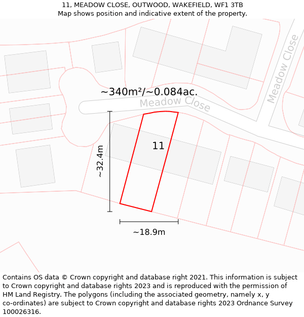 11, MEADOW CLOSE, OUTWOOD, WAKEFIELD, WF1 3TB: Plot and title map