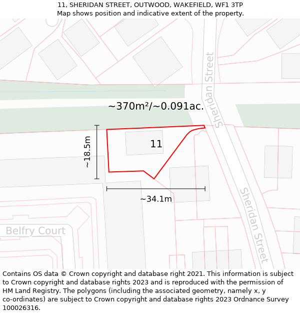 11, SHERIDAN STREET, OUTWOOD, WAKEFIELD, WF1 3TP: Plot and title map