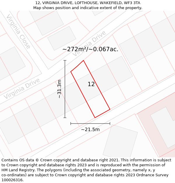 12, VIRGINIA DRIVE, LOFTHOUSE, WAKEFIELD, WF3 3TA: Plot and title map