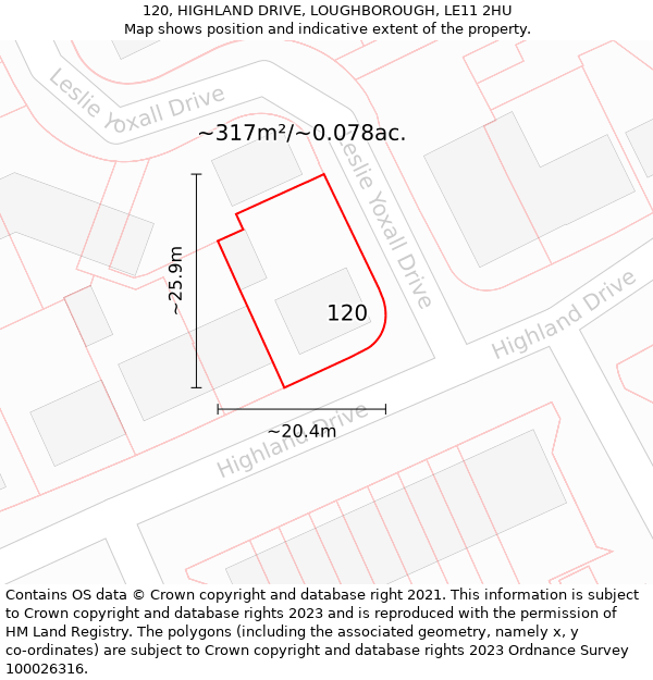 120, HIGHLAND DRIVE, LOUGHBOROUGH, LE11 2HU: Plot and title map