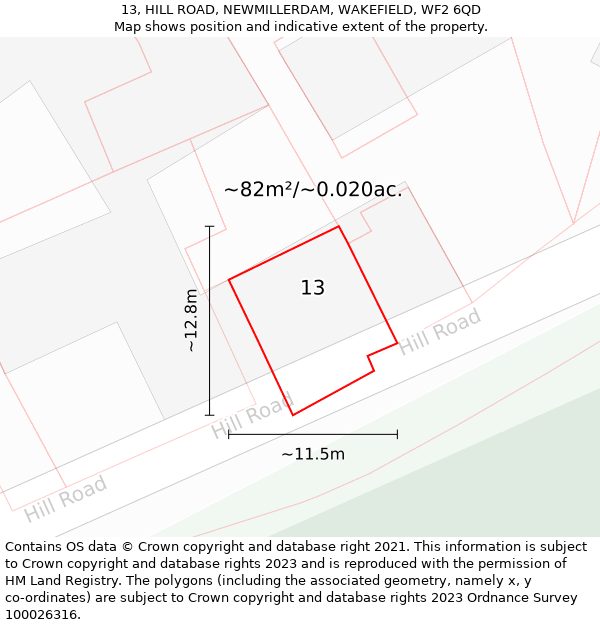 13, HILL ROAD, NEWMILLERDAM, WAKEFIELD, WF2 6QD: Plot and title map