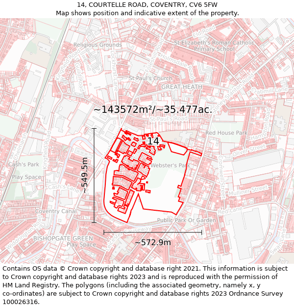 14, COURTELLE ROAD, COVENTRY, CV6 5FW: Plot and title map