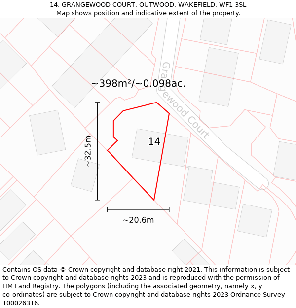 14, GRANGEWOOD COURT, OUTWOOD, WAKEFIELD, WF1 3SL: Plot and title map