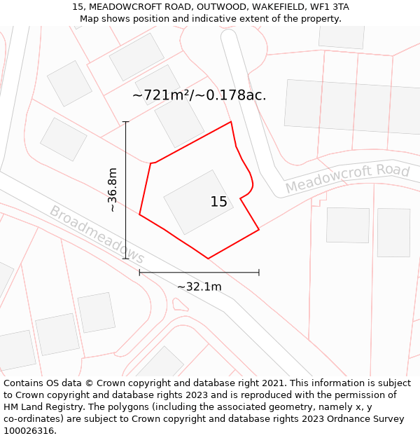 15, MEADOWCROFT ROAD, OUTWOOD, WAKEFIELD, WF1 3TA: Plot and title map