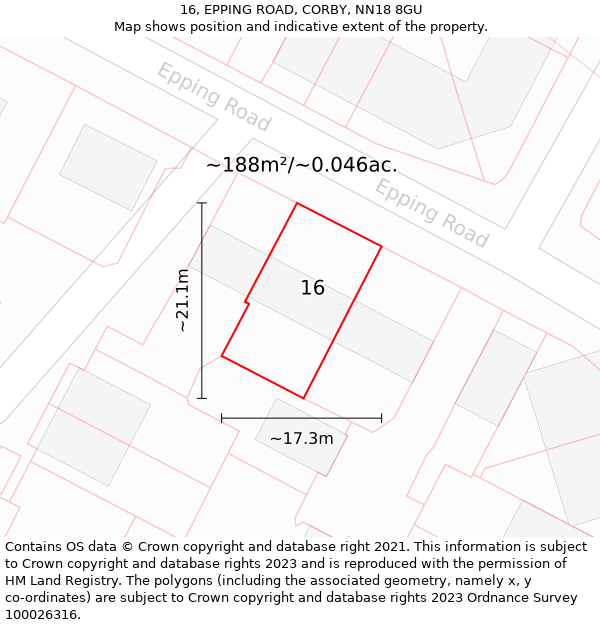 16, EPPING ROAD, CORBY, NN18 8GU: Plot and title map