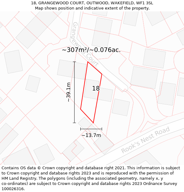 18, GRANGEWOOD COURT, OUTWOOD, WAKEFIELD, WF1 3SL: Plot and title map