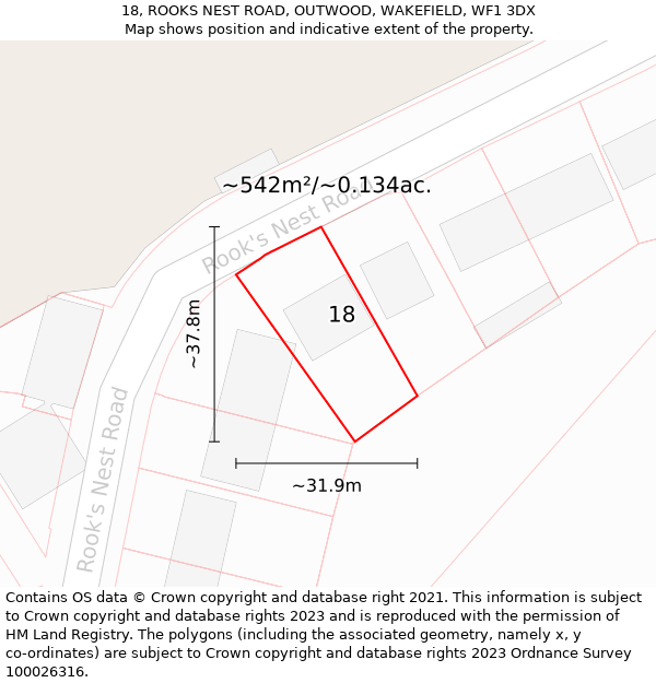 18, ROOKS NEST ROAD, OUTWOOD, WAKEFIELD, WF1 3DX: Plot and title map