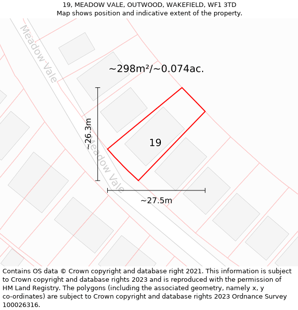 19, MEADOW VALE, OUTWOOD, WAKEFIELD, WF1 3TD: Plot and title map