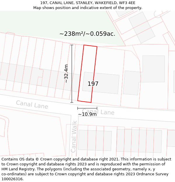 197, CANAL LANE, STANLEY, WAKEFIELD, WF3 4EE: Plot and title map