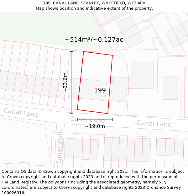 199, CANAL LANE, STANLEY, WAKEFIELD, WF3 4EA: Plot and title map