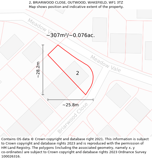 2, BRIARWOOD CLOSE, OUTWOOD, WAKEFIELD, WF1 3TZ: Plot and title map