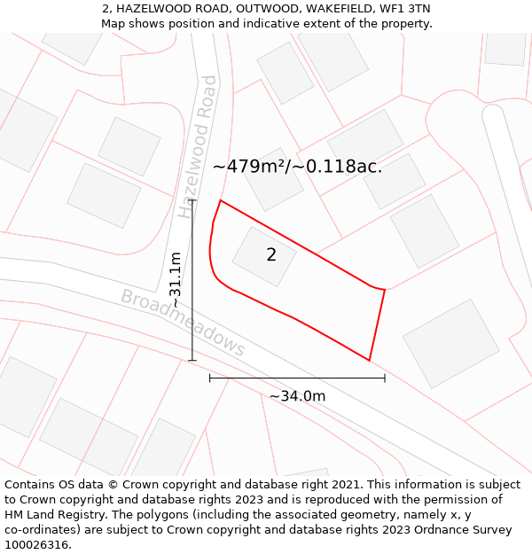 2, HAZELWOOD ROAD, OUTWOOD, WAKEFIELD, WF1 3TN: Plot and title map