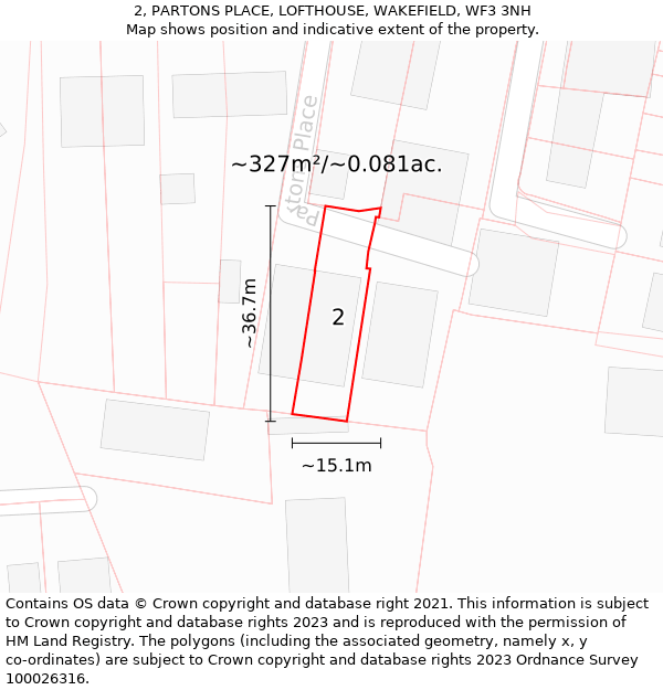 2, PARTONS PLACE, LOFTHOUSE, WAKEFIELD, WF3 3NH: Plot and title map