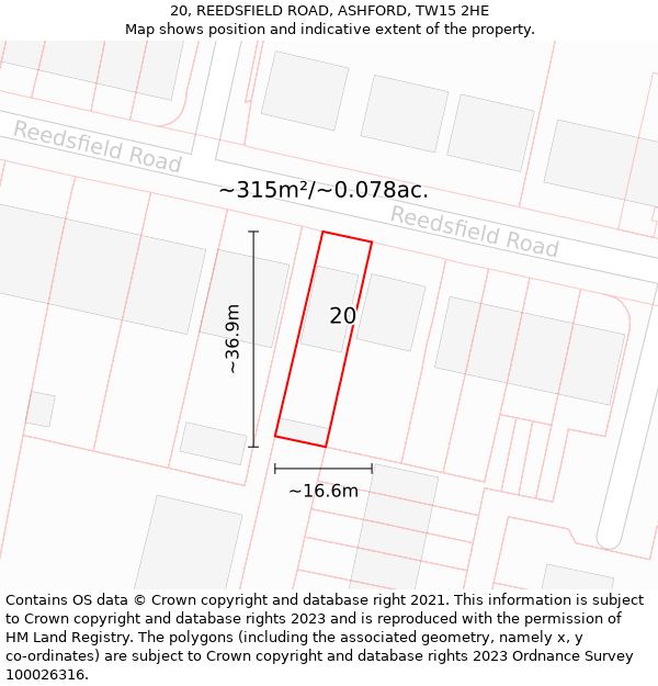 20, REEDSFIELD ROAD, ASHFORD, TW15 2HE: Plot and title map