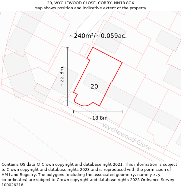 20, WYCHEWOOD CLOSE, CORBY, NN18 8GX: Plot and title map