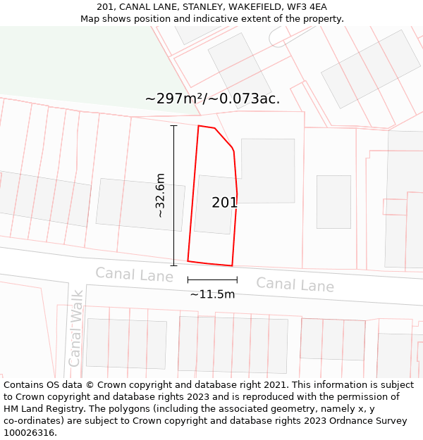 201, CANAL LANE, STANLEY, WAKEFIELD, WF3 4EA: Plot and title map