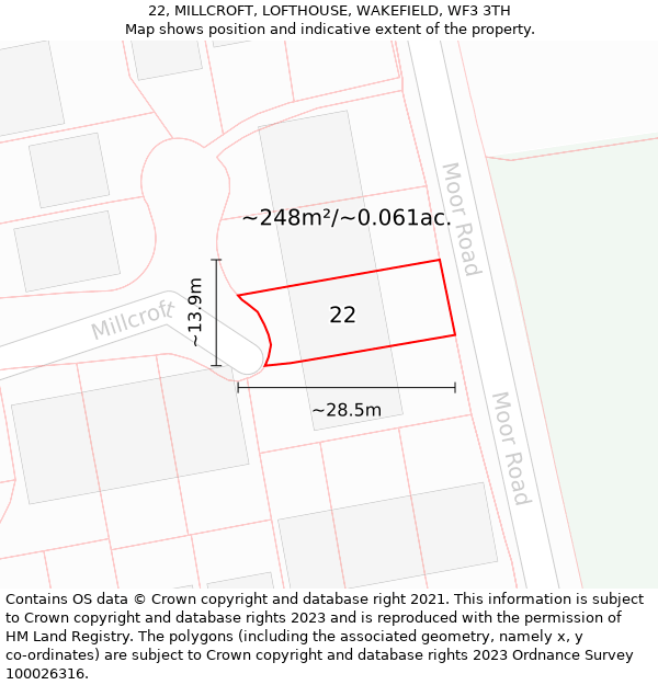 22, MILLCROFT, LOFTHOUSE, WAKEFIELD, WF3 3TH: Plot and title map