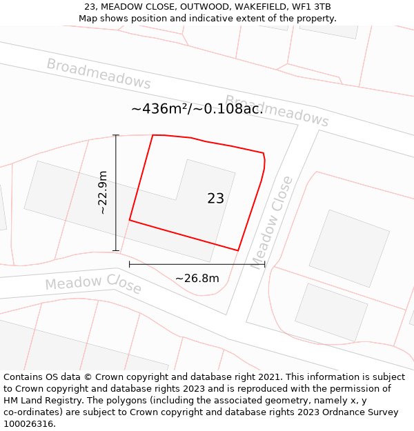 23, MEADOW CLOSE, OUTWOOD, WAKEFIELD, WF1 3TB: Plot and title map