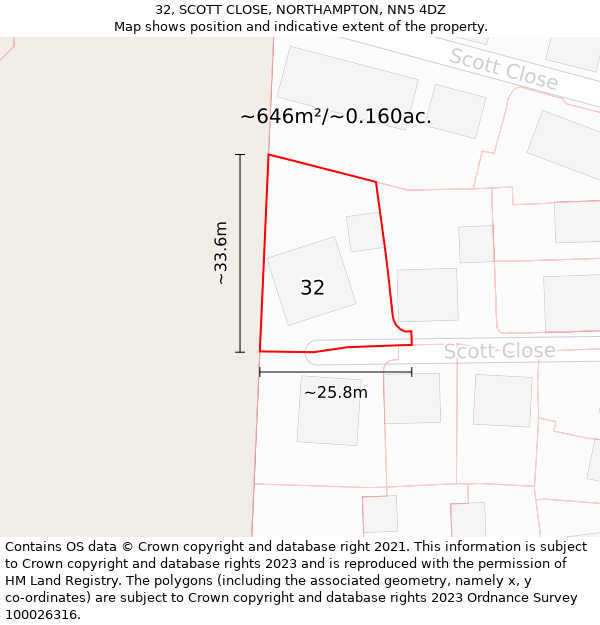 32, SCOTT CLOSE, NORTHAMPTON, NN5 4DZ: Plot and title map