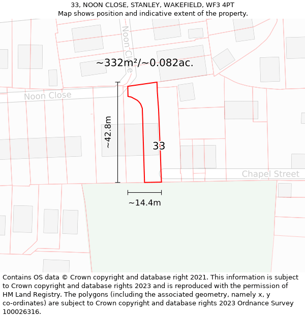 33, NOON CLOSE, STANLEY, WAKEFIELD, WF3 4PT: Plot and title map