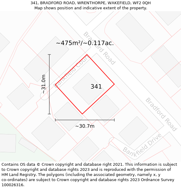 341, BRADFORD ROAD, WRENTHORPE, WAKEFIELD, WF2 0QH: Plot and title map