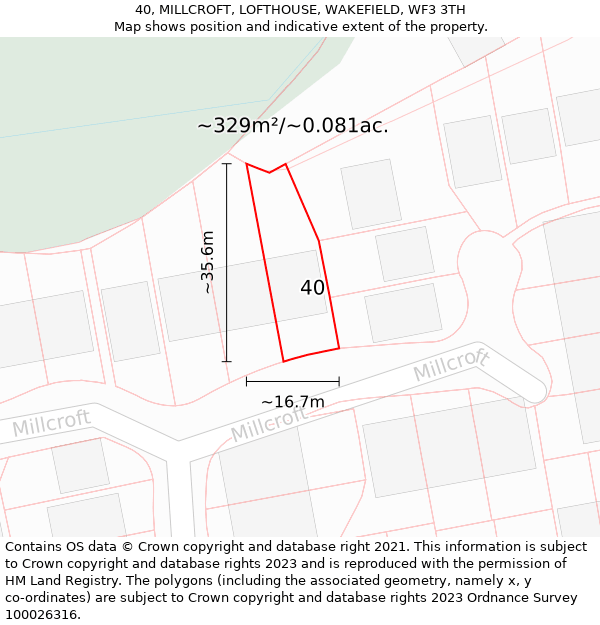 40, MILLCROFT, LOFTHOUSE, WAKEFIELD, WF3 3TH: Plot and title map