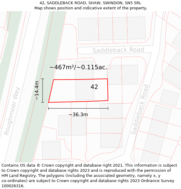 42, SADDLEBACK ROAD, SHAW, SWINDON, SN5 5RL: Plot and title map