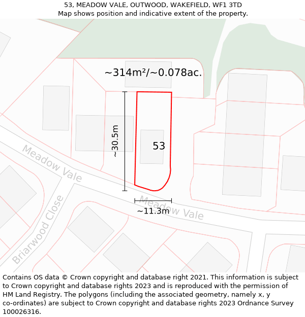 53, MEADOW VALE, OUTWOOD, WAKEFIELD, WF1 3TD: Plot and title map