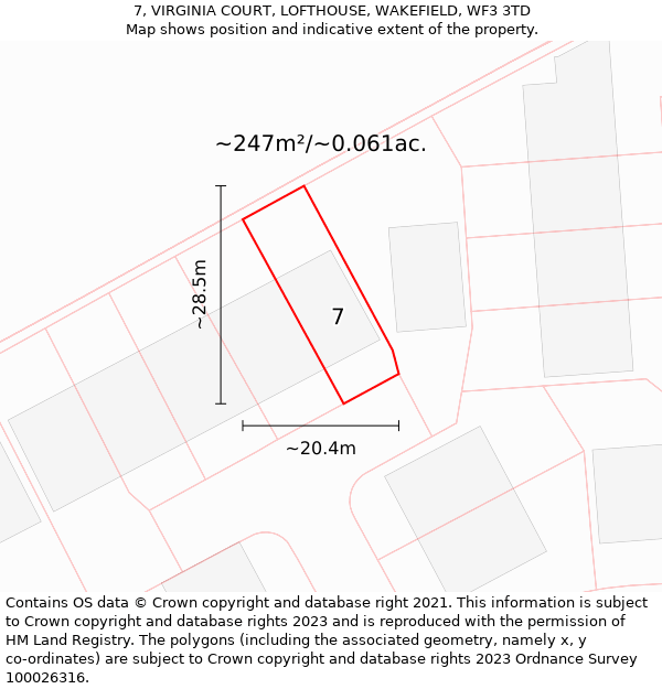 7, VIRGINIA COURT, LOFTHOUSE, WAKEFIELD, WF3 3TD: Plot and title map