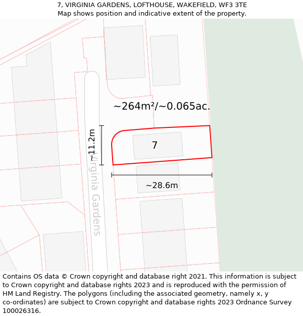 7, VIRGINIA GARDENS, LOFTHOUSE, WAKEFIELD, WF3 3TE: Plot and title map
