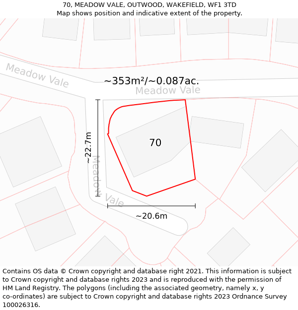 70, MEADOW VALE, OUTWOOD, WAKEFIELD, WF1 3TD: Plot and title map