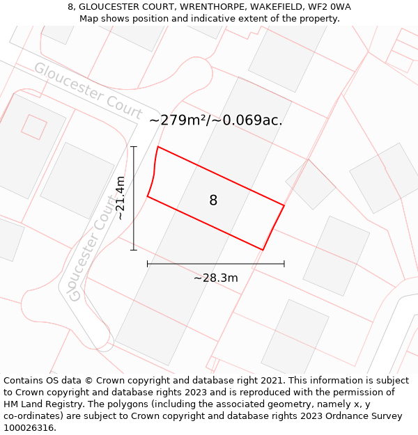 8, GLOUCESTER COURT, WRENTHORPE, WAKEFIELD, WF2 0WA: Plot and title map